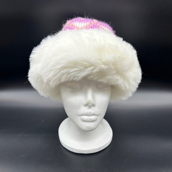 Vintage Knit Hat Winter Pink Purple White 80s Notice USA Faux Fur Trimmed Beanie - Picture 5 of 11